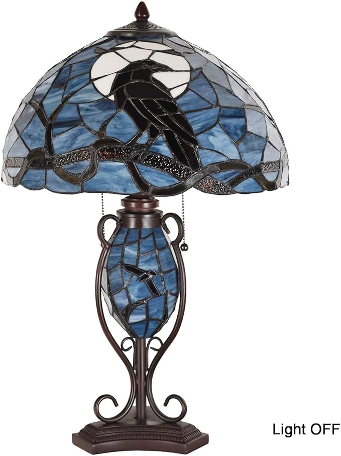 Bieye L10954 Raven Sitting on Bare Tree Branch in Full Moon Night Tiffany Style Stained Glass Table Lamp for Home Decor (Dark Blue, 16Wx24H)