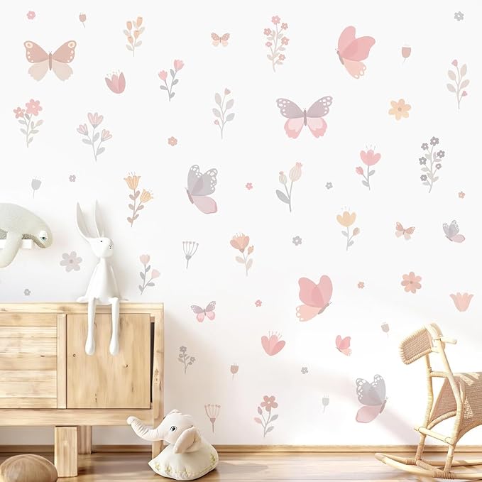 Watercolor Butterfly and Flower Wall Decals Peel and Stick- 53 PCS Removable Wildflower Stickers for Girls Room, Nursery, Bedroom Decor, Easy Peel and Stick Wall Art