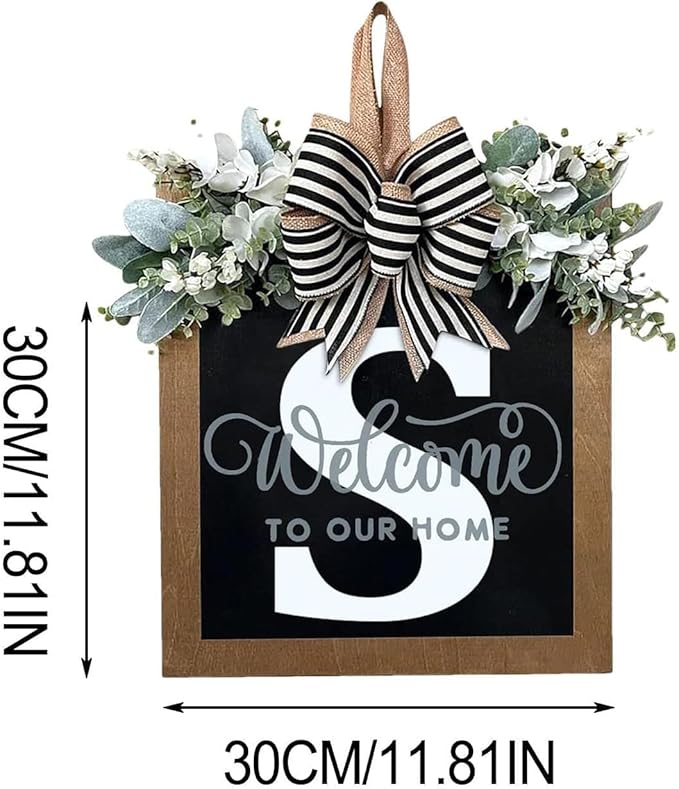 Last Name Year Round Front Door Wreath Front Porch Decoration 26 Letter Welcome Sign with Eucalyptus Garland and Bow Spring Wreaths for Front Door Outside Hanger Garland（S）