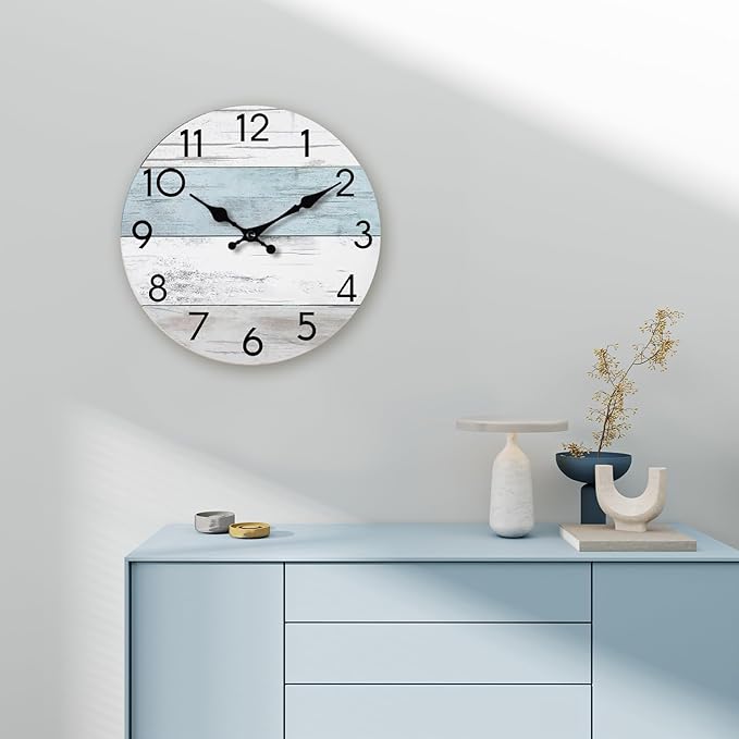Wall Clock Silent Non-Ticking 14 Inch Battery Operated Country Large Retro Rustic and Beach Style Decorative for Living Room, Kitchen, Home,Bathroom, Office (Blue)