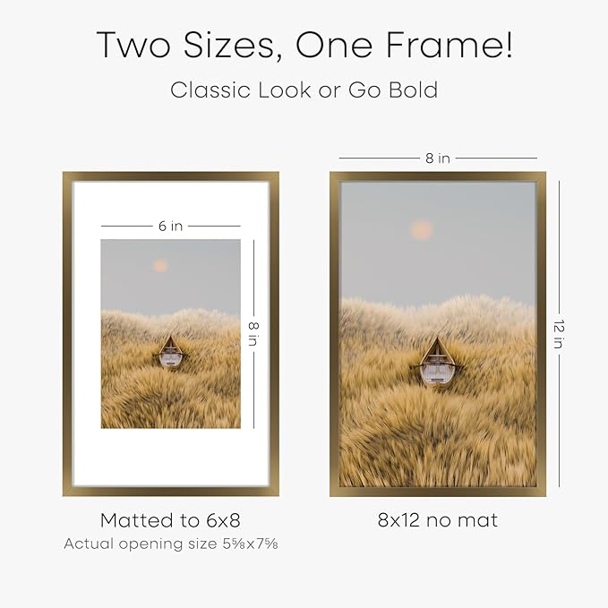 Homeforia 8x12 Picture Frame Bronze, High End Metal 8 x 12 Brass Frames with Mat 6 by 8 for Photo, 12x8 Frame Matted to 6x8 inch Print, 8by12 Wall or Tabletop Frame, Tempered Glass, Wall Kit, Set of 2
