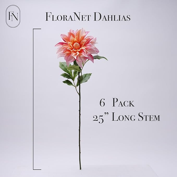 Artificial Peach Dahlia 6 Large Heads with Stem Faux Fake Silk Flower Decor for Vase Bouquet Home Living Room Indoor Outdoor Wedding Spring Summer All Seasons DIY Decoration Arrangement