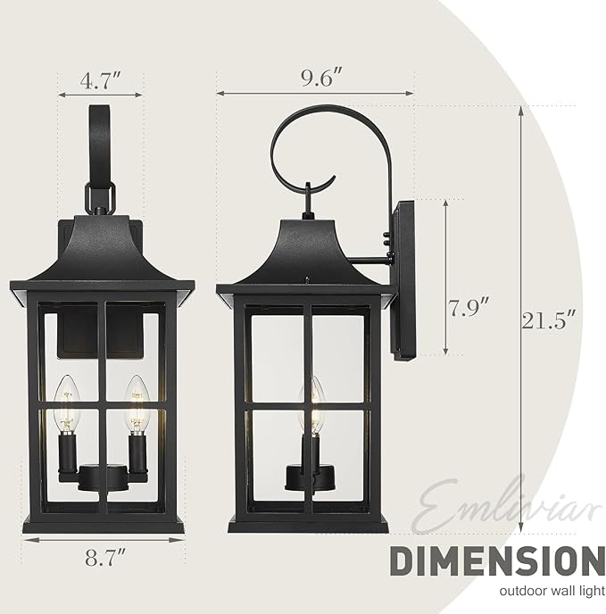 Emliviar 21.5" Large Wall Mounted Light Fixture, Classic Black Exterior Light Fixture 2-Light with E12 Base, Porch Lighting with Clear Glass Shade, YXE306B-M BK