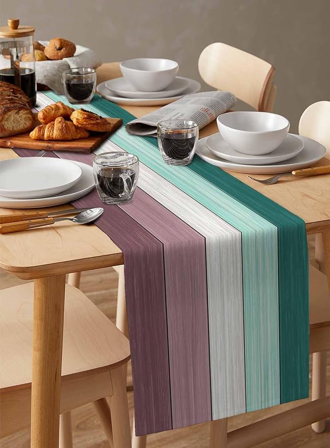 Aqua Green Purple Summer Table Runner, Nautical Coastal Beach Farmhouse Cotton Linen Holiday Table Decor for Home,Kitchen,Dining Room,Indoor,Outdoor,18X72 Inches Long, Retro Rustic Barn Wood Texture
