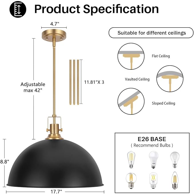 LamQee 18 Inch Black and Gold Large Pendant Light Kitchen Island, Farmhouse Modern Dome Pendant Light Fixtures Ceiling Hanging Lighting Chandelier for Dining Room Over Table, Bar, Hallway, Entryway