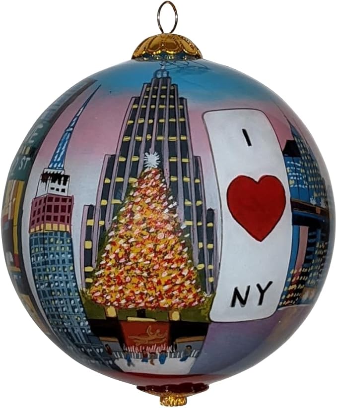 New York City at Sunset Christmas Ornament Hand Painted from Inside with Decorative Gift Box