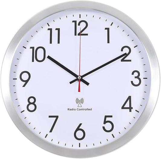 Atomic Analog Wall Clock, 14Inch Radio Controlled Sets Automatically Wall Clock, Aluminum Frame WallClock for Home School Office