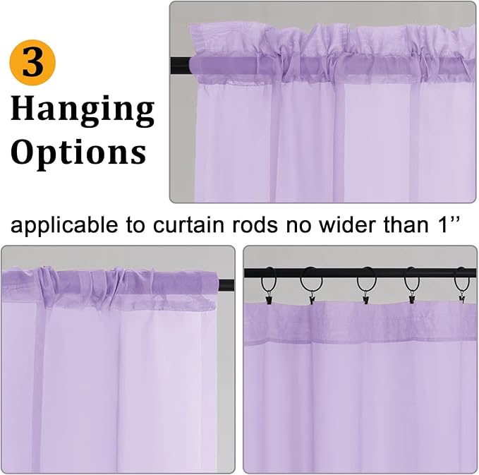 Gwine Lilac Valances for Windows, Small Light Filtering Rod Pocket Cafe Valance Curtains, Soft Sheer Curtain for Bathroom Laundry Basement, 42Wx14L inch, 2 Pieces