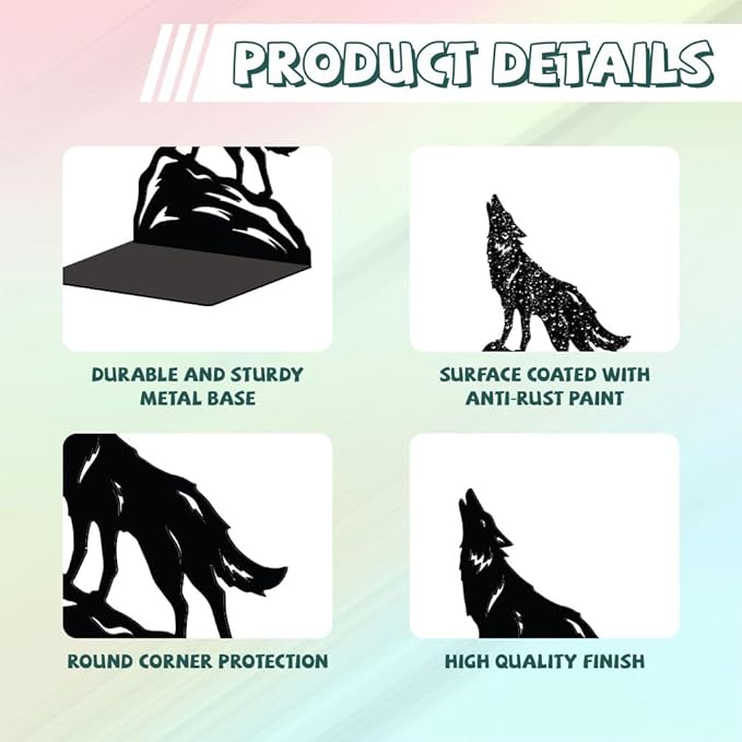 Peacoblue Metal Bookends for Shelves, Modern Decorative Heavy Duty Study Book Support Stoppers for Office, Desk, Shelf, Room 5.3"x4.3"x6.4" Cast Iron Simple Tall Bookends, 1 Pair (Howling Wolf)