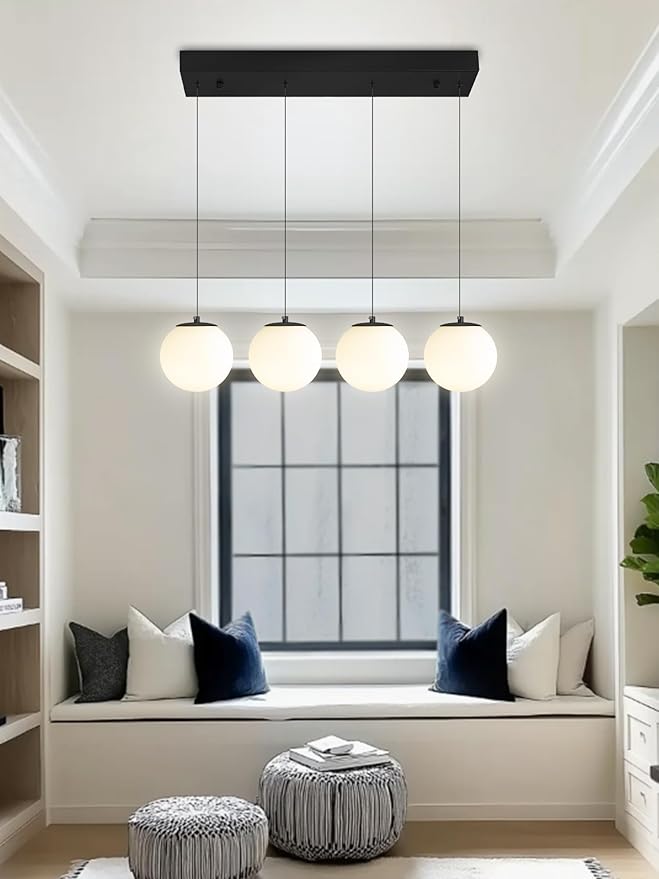 Dining Room Light Fixture 4-Light Black Kitchen Island Lighting Globe Glass Chandeliers for Dining Room Over Table Pendant Light Fixture for Living Room Hallway Bedroom