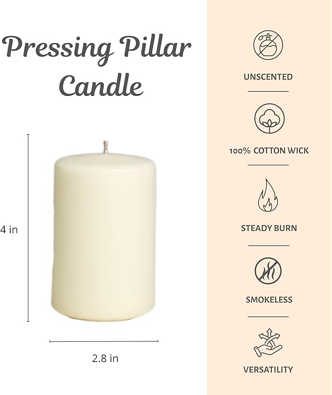 CW Studio 4 Pack 2.8x4 Inch Ivory Unscented Pillar Candles – Long 44 Hour Burn, Smokeless & Dripless – Premium Wax with Cotton Wick – Perfect for Weddings, Events, Home, Rustic & Elegant Décor