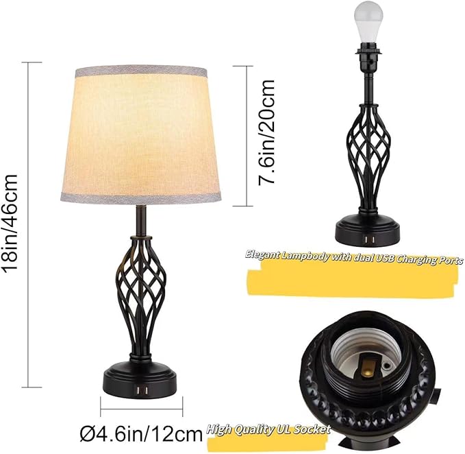 Charging Table Lamps Set of 2, nightstand lamp with USB Ports Bedside Desk lamp for Living Room Bedroom,Black Spiral cage Base Design 3 Color Temperature LED Bulbs Included.