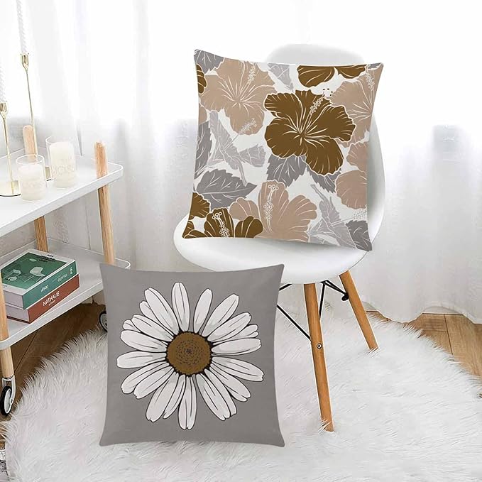 COMMINY Brown Grey Pillow Covers 16x16 Set of 6 Decorative Daisy Flower Throw Pillow Cover for Couch Modern Farmhouse Cushion Cover for Sofa Patio Bed Living Room Home Decor