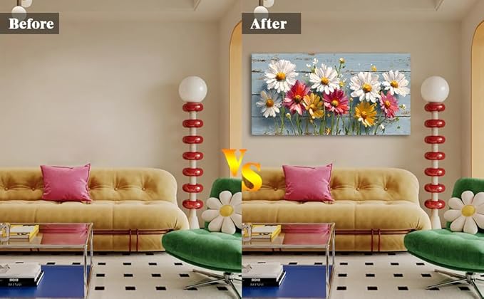 KZKU Rustic Daisy Floral Canvas Wall Art-White Pink Yellow Flowers on Blue Wood Background- Large Modern Farmhouse Decor for Living Room Bedroom24X48in