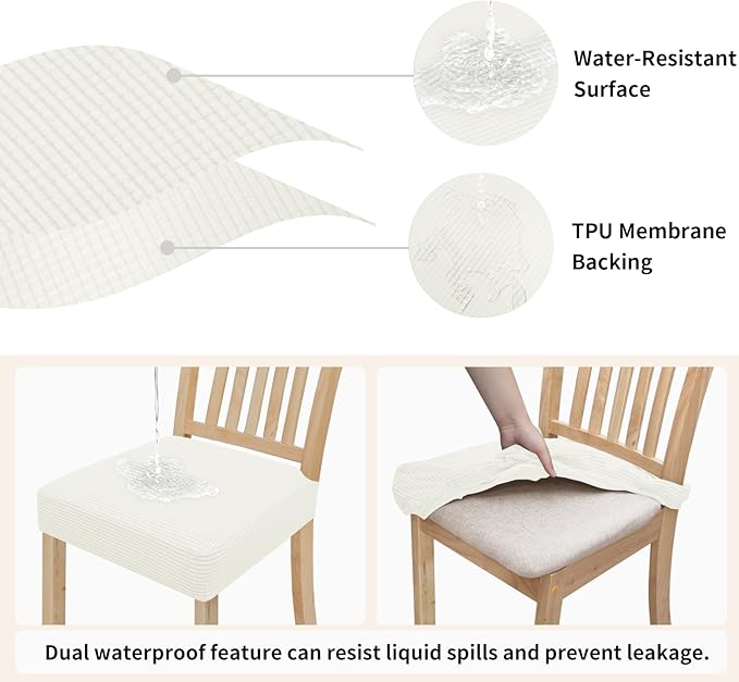 Easy-Going 100% Waterproof Seat Covers for Dining Room Chairs, Stretch Jacquard Chair Seat Slipcovers Removable and Washable Kitchen Dining Chair Covers (Set of 8, Cream)