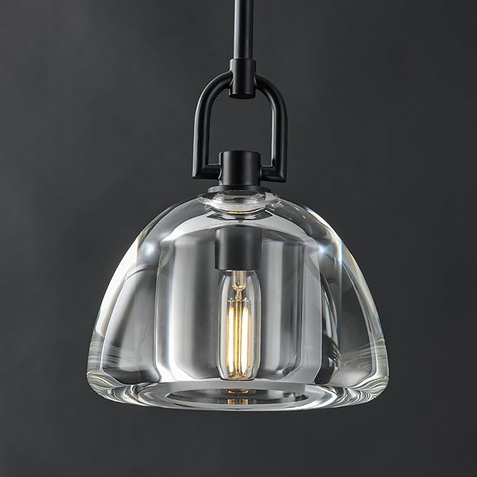Pendant Light Fixture, 7" Glass Modern Black Pendant Lights Kitchen Island, Hanging Glass Dome Pendant, Black Kitchen Pendant Lighting Over Island, E12 Bulb Included