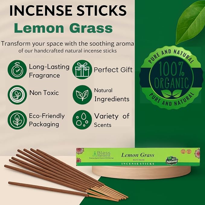 Bless-Lemon-Grass 100%-Natural-Handmade-Hand-Dipped Organic-Chemicals-Charcoal-Free Purification-Relaxation-Positivity-Yoga-Meditation Best-Woods-Scent (25 Sticks (1.4 OZ))