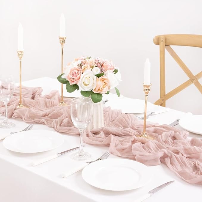 MLMC 12 Pack Dusty Pink Cheesecloth Valentines Table Runner 10ft Rustic Gauze Cheese Cloth Table Runner Bulk 35x120 Inches for Romantic Wedding Bridal Baby Shower Anniversary Party Decor