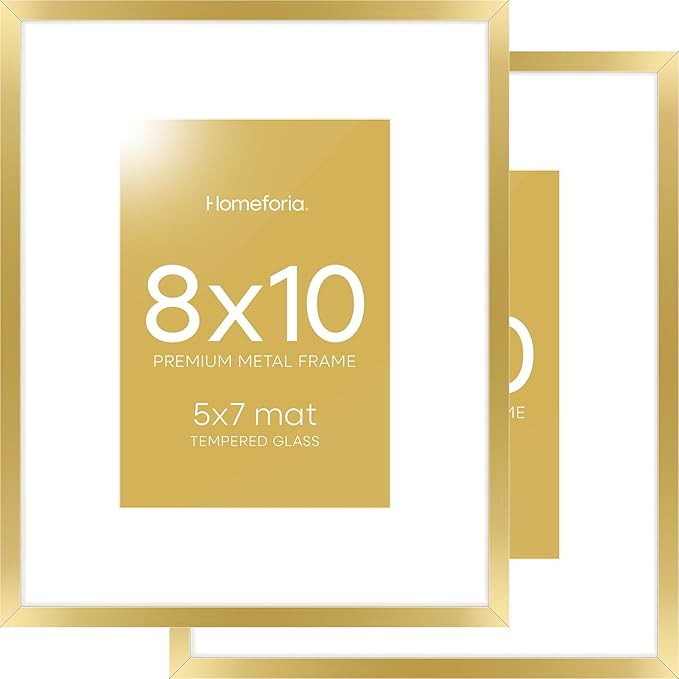 Homeforia 8x10 Picture Frame Gold, High End Metal 8 x 10 Photo Frames with Mat 5 by 7 Art, 10x8 Poster Frame Matted to 5x7 inch Print, 8by10 Wall or Tabletop Frames, Tempered Glass, Wall Kit, Set of 2