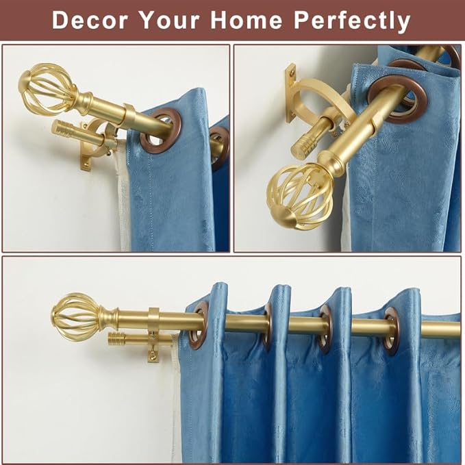 Brass Double Curtain Rods 36-72 Inch, Double Curtain Rods with Round Cage & Barrel Finials, 1-Inch Front and 5/8 Inch Back Double Drapery Rod, Telescoping Double Curtain Rod for Window