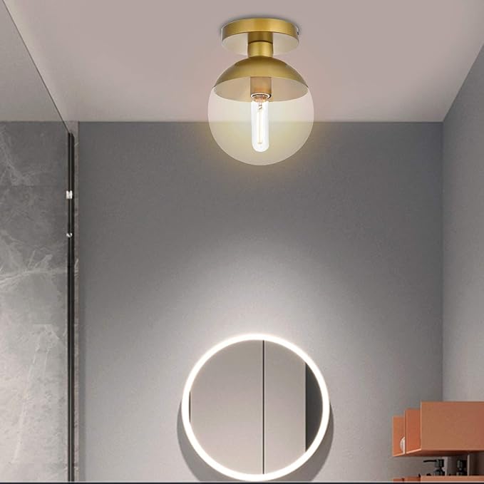 Modern Clear Glass Ceiling Light Fixture with 1-Light, Industrial Sphere Glass Chandelier Fitting, E26 LED Semi-Flush Mount Pendant Lights for Kitchen, Bedroom, Bar, Counter, Cafe (Brass)