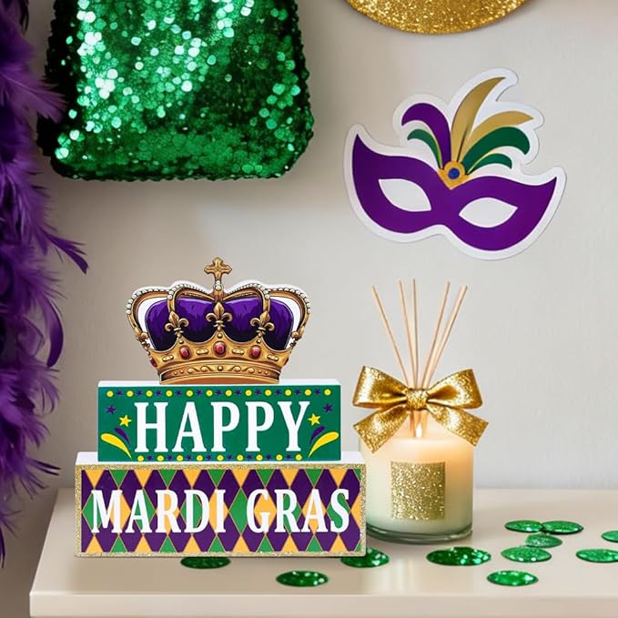 MEETYAMOR Mardi Gras Decorations, Wood Block Crown HAPPY MARDI GRAS Sign Table Decor, Glitter 3-Layered Wooden Mardi Gras Centerpieces for Tables Party Home Room Tiered Tray Shelf Tabletop Mantel