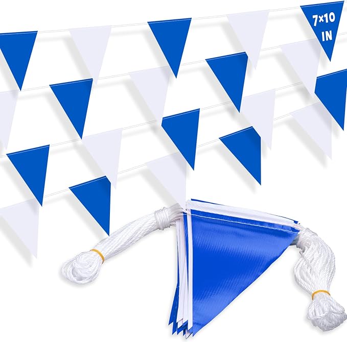 105ft Pennant Banner Flags, 7x10 Blue and White 45 Pcs High Visibility Safety Flagging on String, Triangle Pool Flags for Backstroke, Construction Events Party Decoration Parking Marking Outside