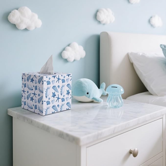 SOMTO Acrylic Square Tissue Box Cover,Beach White Starfish Seashell Coastal Decorative Tissue Holder Dispenser Bathrooms, Desks, Countertops, Vanities, Bedrooms, and Nightstands Decor