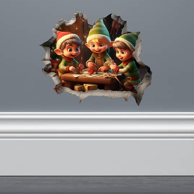 Santa's Elves Hole in Wall Christmas Art Sticker - Funny 3D Prank Peel and Stick Decal - Premium Quality Vinyl Stickers 2-Pack | 5-Inch on Widest Side | Made in USA FHJ1380