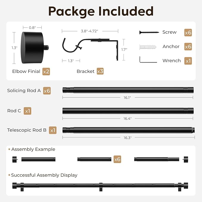 Zeerobee Curtain Rods for Windows 66 to 120, Black Curtain Rod, Adjustable 1 Inch Heavy Duty Outdoor/Indoor Modern Drapery Pole, 32"-120"