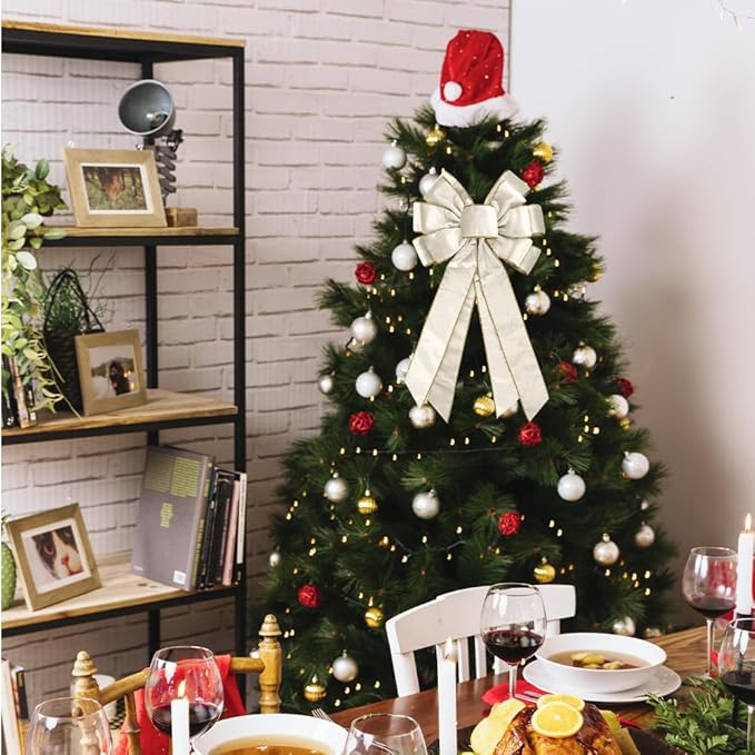 Large Christmas Bow for Wreath 20 * 11inch Vintage White Wreaths Bow Golden Edged White Velvet Tree Topper Ornament Decorative Bows for Xmas Home Outdoor Indoor Party