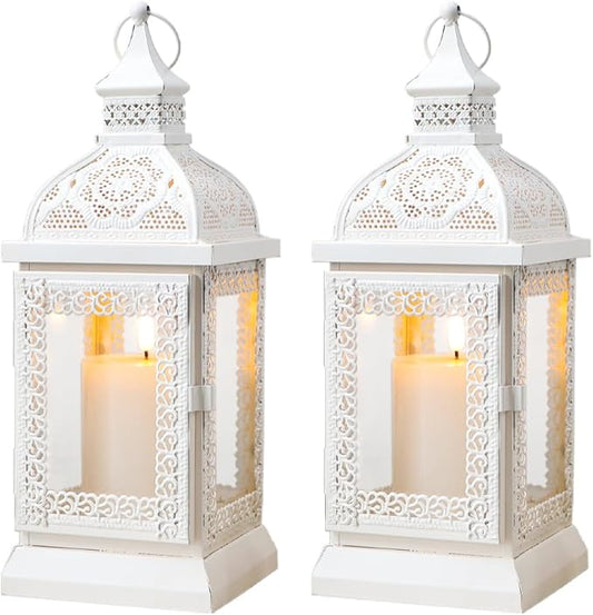 TRIROCKS Set of 2 Rustic Style Metal Candle Lantern 13'' High Decorative Outdoor Lantern Candle Holder with Tempered Glass for Home Living Room Garden Patio Parties Indoors Outdoors (Cream)