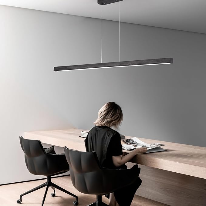 39" Black Linear Pendant Light Wooden Led Modern Linear Chandelier Ceiling Hanging Dimmable Pendant Lights for Dining Room Kitchen Island Pool Table Lights Black Wood Finish