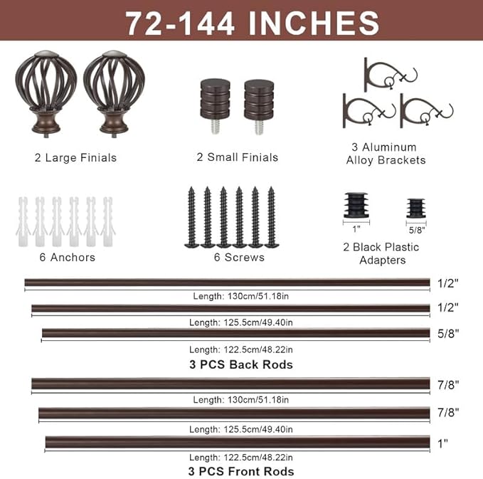 Brown Double Curtain Rods 72-144", Decorative Double Curtain Rods with Round Cage & Barrel Finials, 1-Inch Front and 5/8 Inch Back Double Rod Curtain Rod, Adjustable Double Drapery Rod