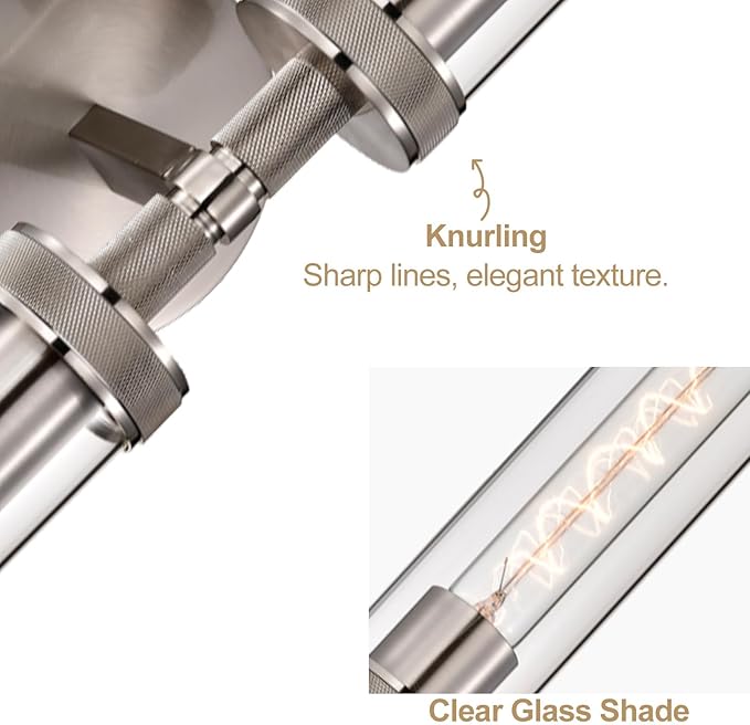 LaLuLa 2-Pack Vanity Lights for Bathroom – Brushed Nickel 2-Light Wall Sconces with Knurled Texture and Clear Glass Shades, Modern Chrome Bathroom Light Fixtures Over Mirror, 25 Inch