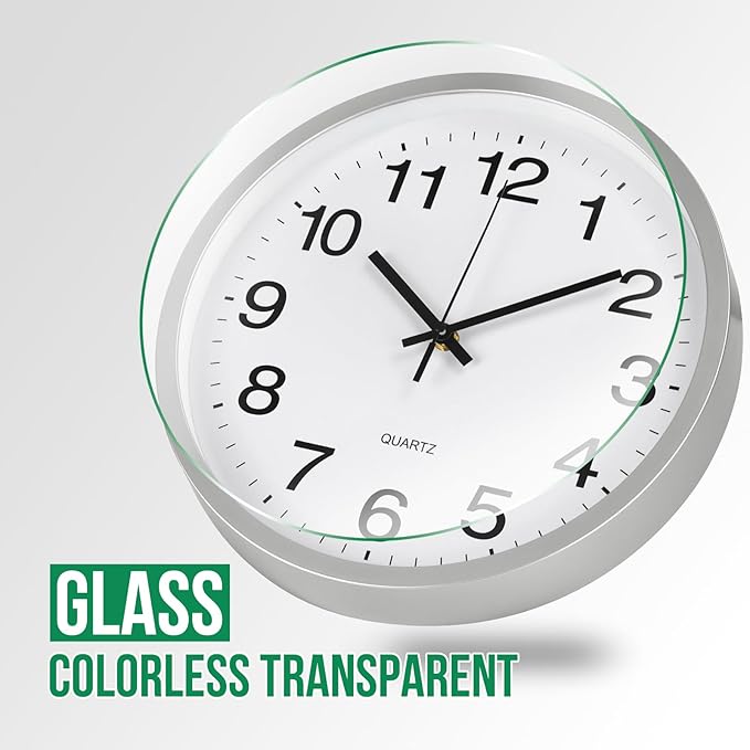 Wall Clock Modern Simple Style Round Plastic Decor Clock Non-Ticking Silent Quartz Movement Wall Clocks for Home/Office/School/Living Room/Bedroom/Kitchen (Silver, 12 Inch)
