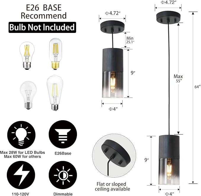 3-Pack Black Pendant Light Fixtures, Adjustable Modern Pendant Lights for Kitchen Island, Industrial Glass Pendant Lights for Dining Table Hallway Bedroom Living Room
