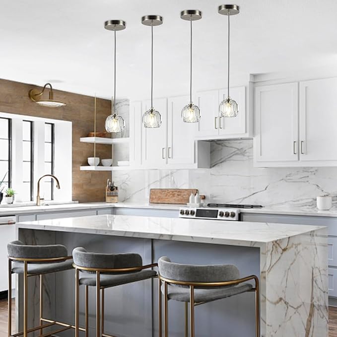 Modern Crystal Pendant Light, Brushed Nickel Single Pendant Light Fixture, Small Crystal Kitchen Island Hanging Lighting for Dining Room Bathroom