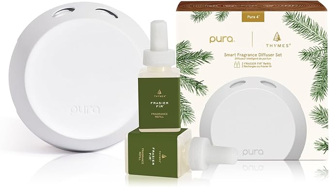 Thymes x Pura 4 - Smart Home Fragrance Diffuser Kit - Includes 1 Pura Diffuser + 2 Fragrance Refill Vials - Long Lasting Scents - LED Light - 2.4 GHz WiFi Required (Frasier Fir)
