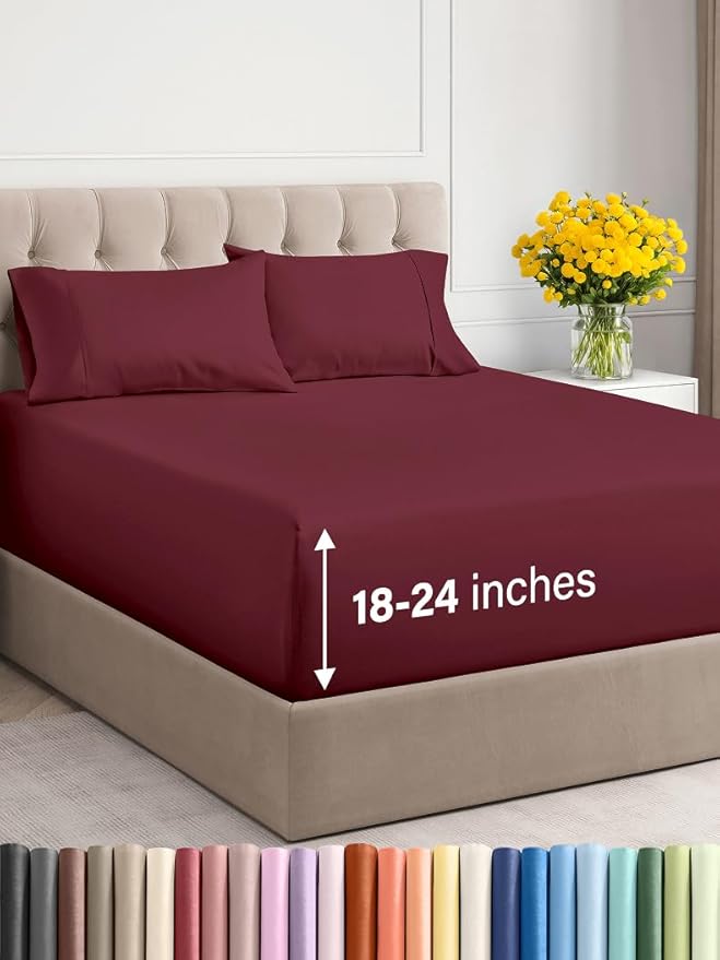 Extra Deep Twin XL Sheet Set - 4 Piece Breathable & Cooling Sheets - Hotel Luxury Bed Sheets Set - Easy & Secure Fit - Soft, Wrinkle Free & Comfy Sheets Set - Burgundy Sheet Set w/Extra Deep Pockets