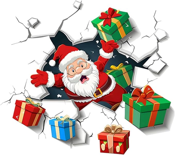 Santa Wall Decal for Christmas | Peel and Stick Holiday Decoration with Crack Effect & Gift Boxes – Removable Vinyl Sticker for Walls, Windows, Office, Party or Storefront Display
