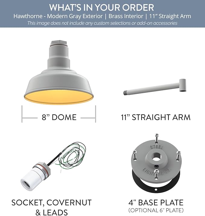Steel Lighting Co. Hawthorne Barn Light | Outdoor Wall Mounted | 8 inch Dome | 11" Straight Arm | Small Farmhouse Light Made in America | Modern Gray Exterior/Brass Interior