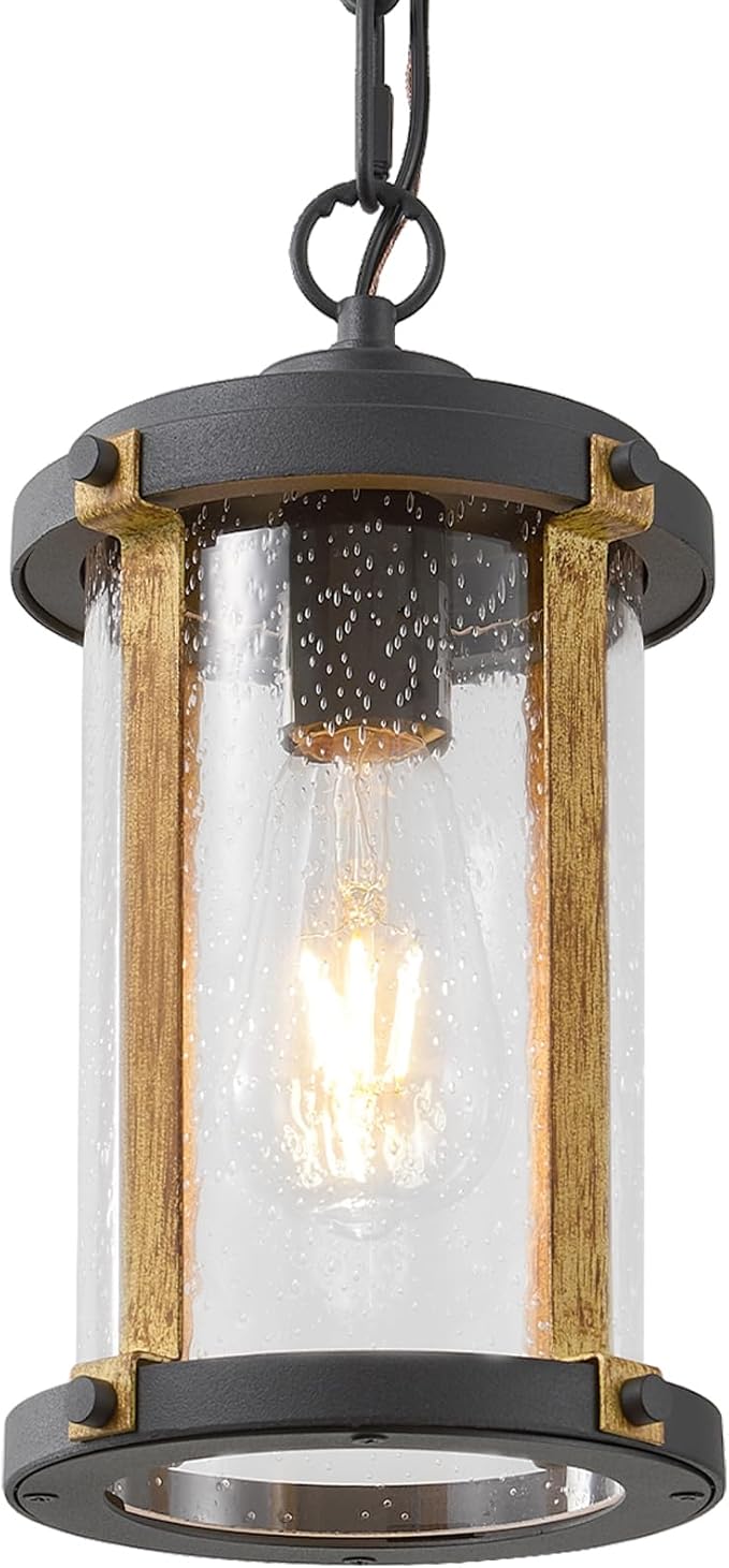 LOUSACE Farmhouse Outdoor Pendant Light for Porch, 1-Light Outdoor Chandelier Matte Black Aluminum with Clear Seeded Glass & Wood Grain, Exterior Hanging Pendant Porch Light Fixtures for Entrance, ETL