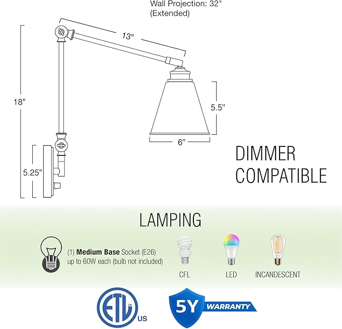 Kira Home Ellis 18" Vintage Industrial Swing Arm Wall Lamp - Plug in/Wall Mount + Cord Covers, Warm Brass Finish, 2-Pack