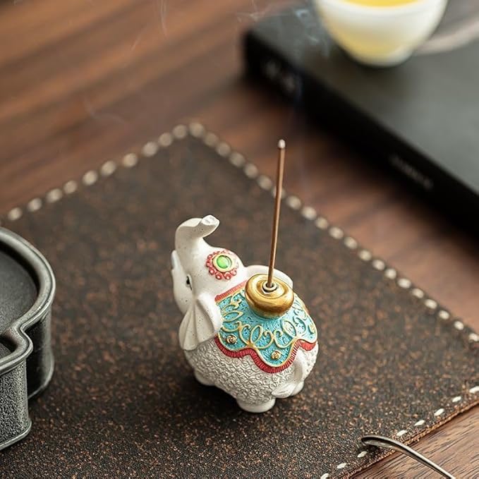 1pcs Lucky Elephant Incense Holder, Handcrafted Ceramic Incense Burner for Good Luck & Wish Fulfillment, Chinese Zen Style Home Decor for Desk, Altar & Tea Table