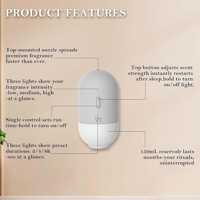 Plug in Waterless Oil Diffuser and 5 OZ Essential Oil for 600 Sq. Ft Room Home Hotel Office, Mini Wall Mounted Smart Scent Air Freshener Machine with Bluetooth App, House Outlet Aroma Diffuser Grey