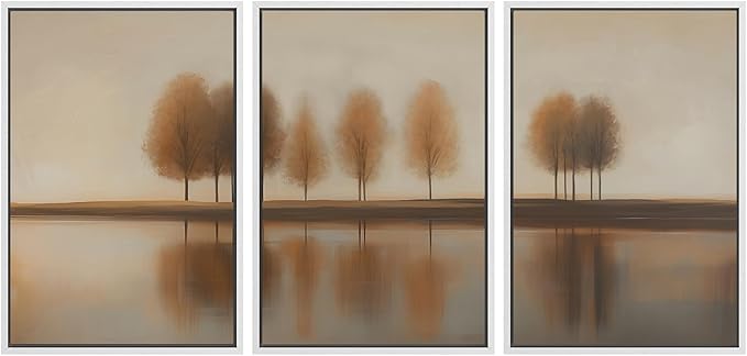 SIGNWIN Framed Canvas Print Wall Art Set Golden Autumn Trees by The Lake Tranquil Nature in Warm Earth Tones Illustrations Modern Art Decorative Zen for Living Room, Bedroom, Office - 24"x36"x3 White