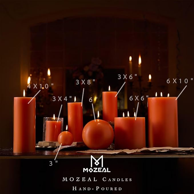 MOZEAL 3" x 4" Hand-Poured Unscented Candle,Dripless Pillar Candle Set of 3,Long Clean Burning,Approx 72 Hours Burn Time,Rustic Country Style,Wedding,Dinner,Christmas and Home Decor,Orange