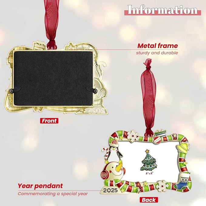 2025 Christmas Tree Ornament Picture Frame Ornament Made of Zinc Alloy Glitter Powder Pendant 3x2 Picture Frame for Pet, Baby Holiday Keepsake Gift (Snowman Snowflake, Golden)