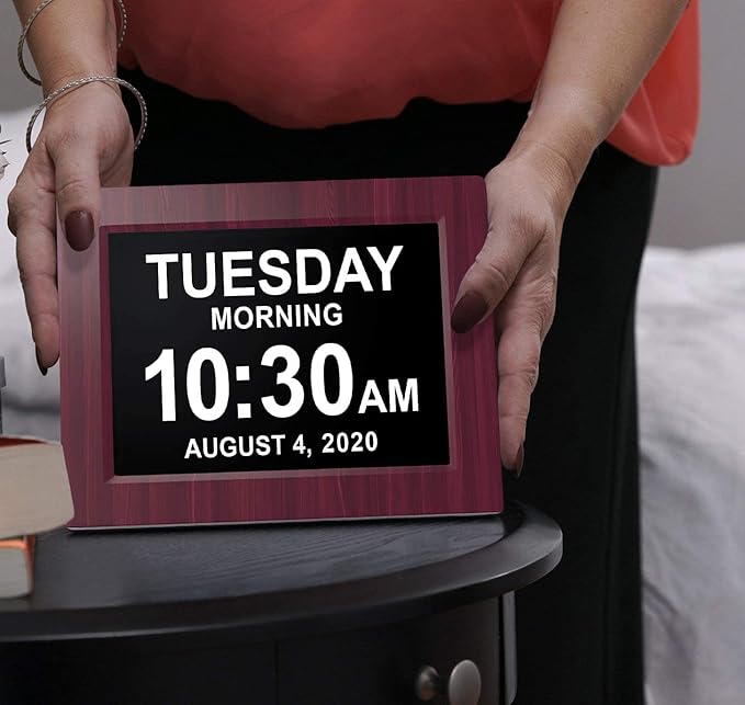 American Lifetime, Upgraded Version, Day Clock Extra Large Impaired Vision Digital Clock with Battery Backup and 5 Alarm Options, Premium Mahogany Color, 8 inch